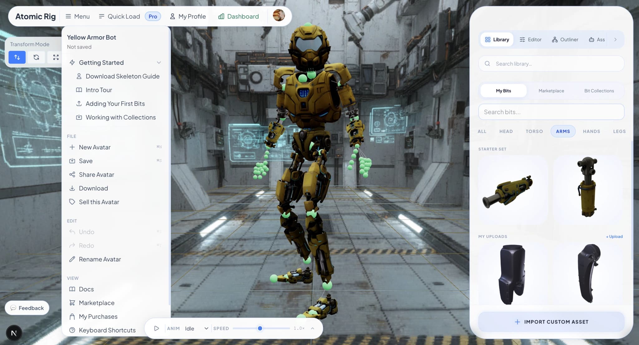 Atomic Rig editor — 3D avatar viewport with bit library and transform controls