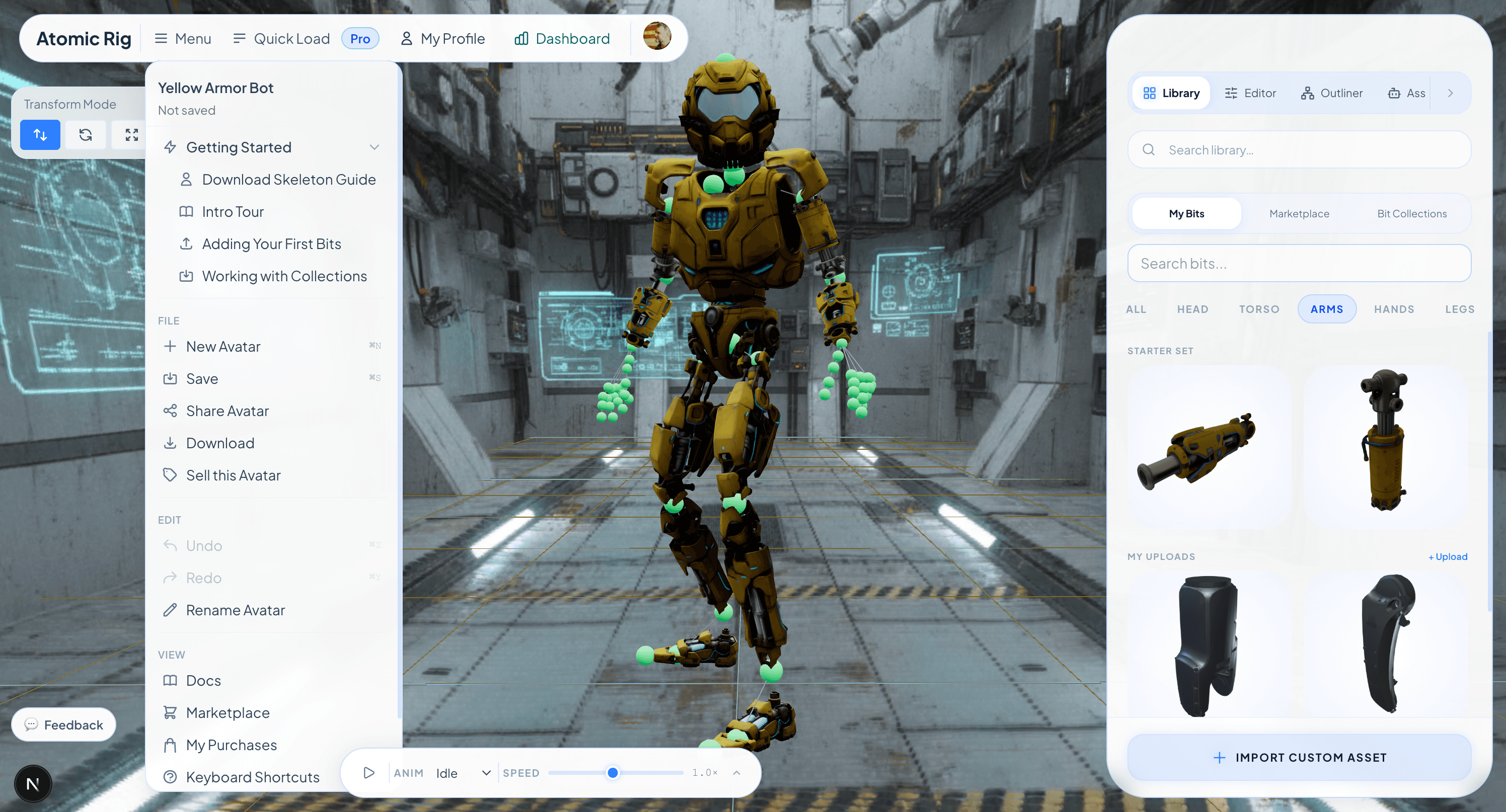 Atomic Rig editor — 3D avatar viewport with bit library and transform controls